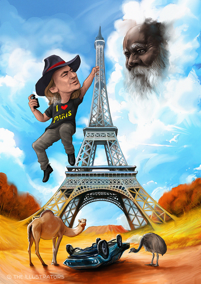 Caricature of Stephen Birkbeck handing off the Eiffel Tower with perfume in his hand