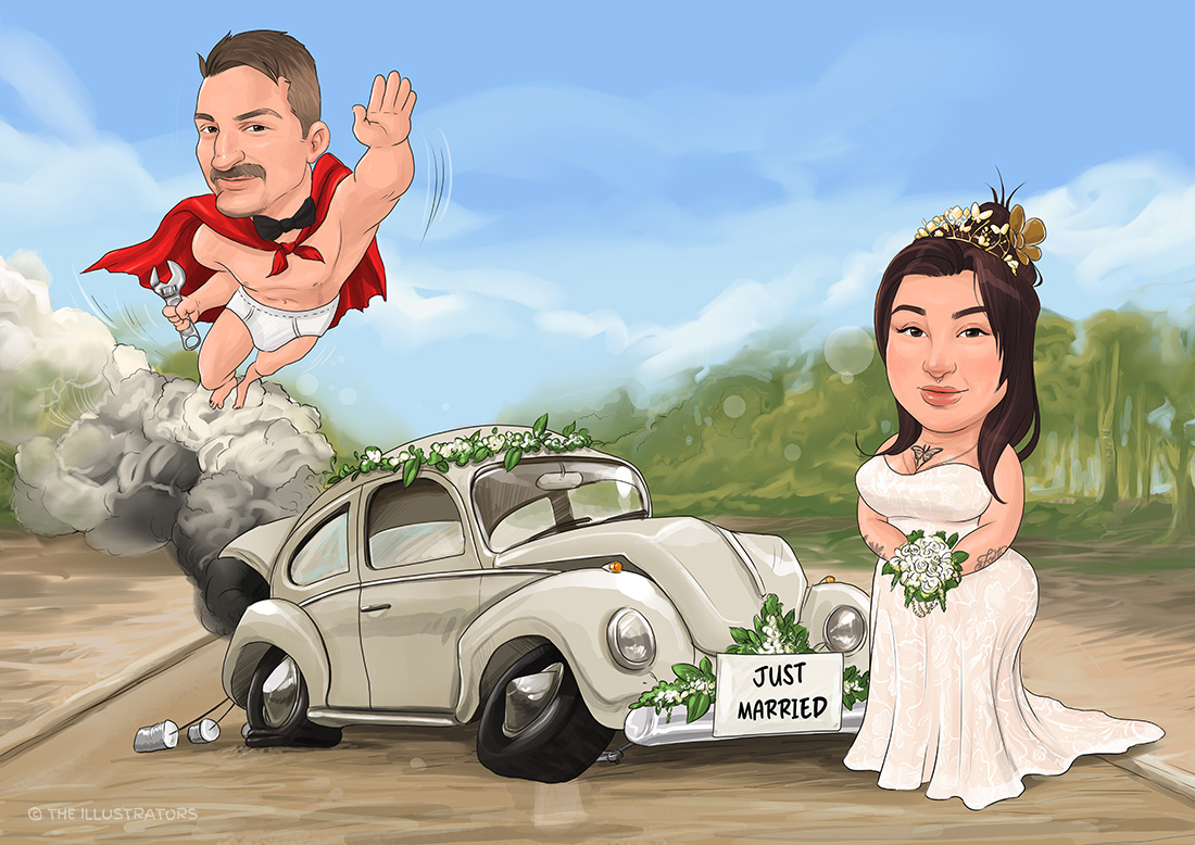 A man flying towards a broken down car and a girl in a wedding dress