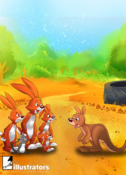 Four red rabbits talking to a kangaroo