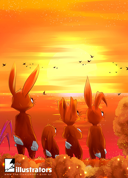 Four red rabbits watching the sunset