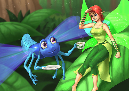 Blue dragonfly and female elf in close proximity