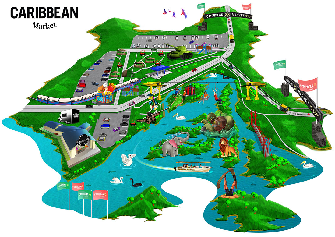 Illustrated theme park map of Caribbean Gardens and Market