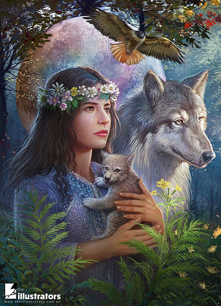 Beautify woman holding a baby wolf