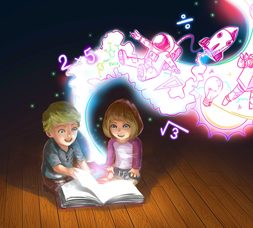 Illustration of a boy and girl reading a children's book. Images are coming to life out of the book