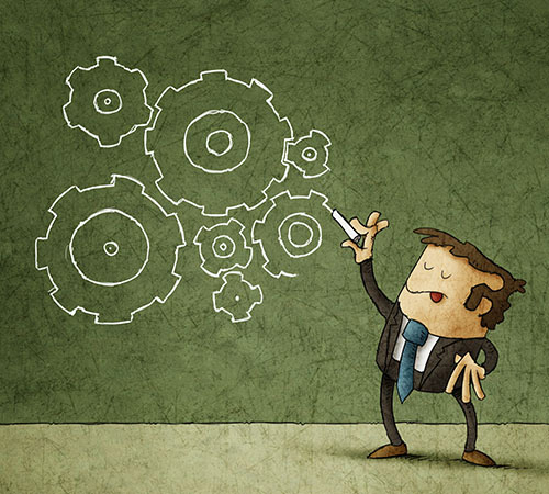 Cartoon illustration of a man drawing cogs with a chalk stick
